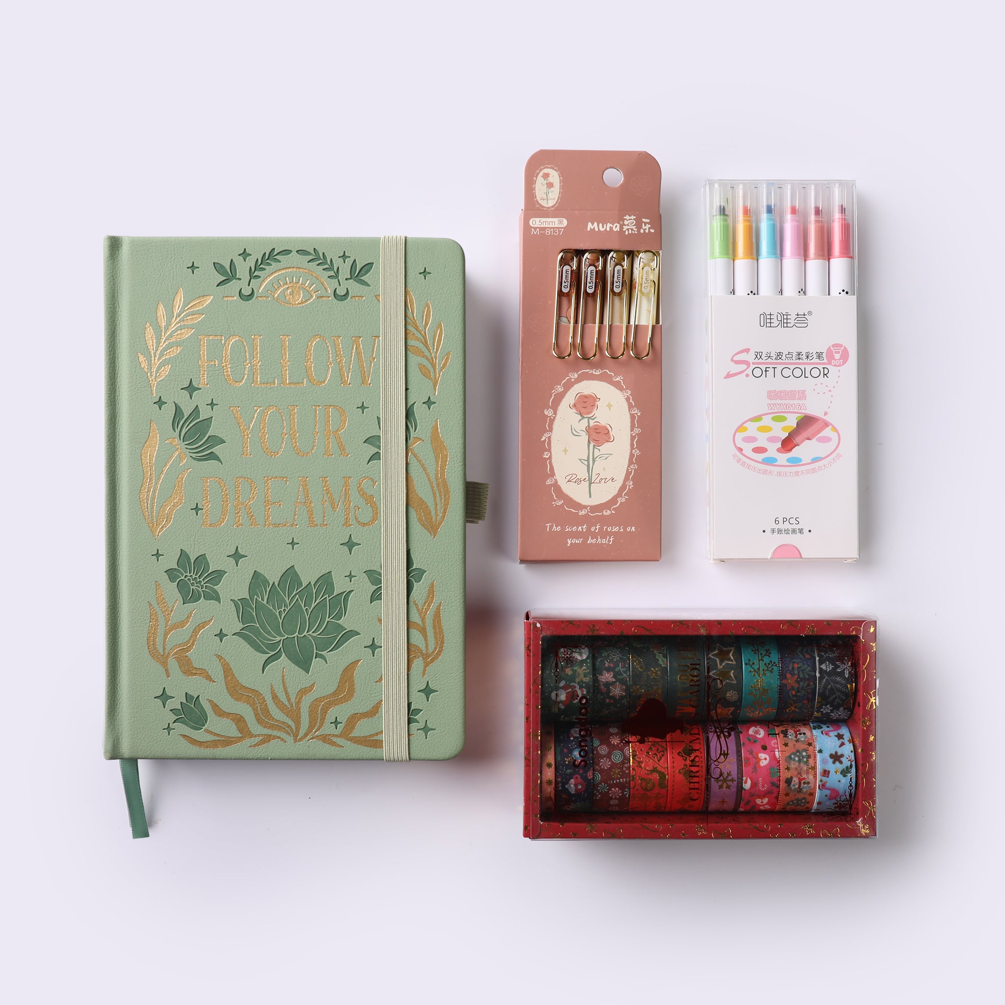 A5 Dot Grid Notebook + 4 Pcs Gel Pen + 6 Colors Marker + 17 Rolls Washi Tape