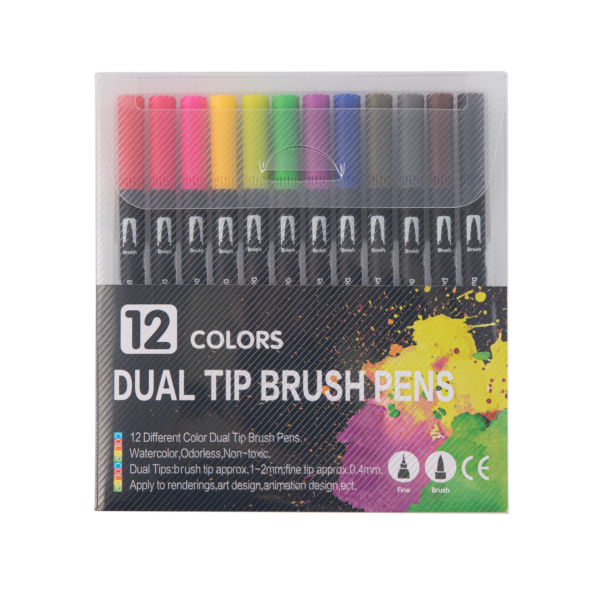 Dual Tip Water-Based Brush Pen - 12 Color Set